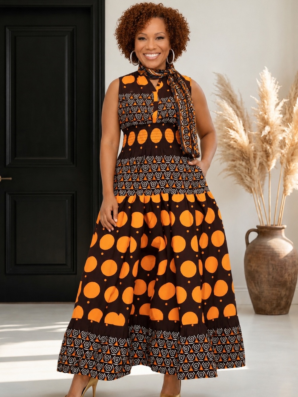 Sleeveless Long Orange & Black Patterned Maxi Dress with Head Wrap